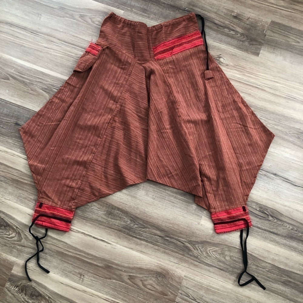 Tribal burgundy/orange drop crotch bloomer harem pants OS